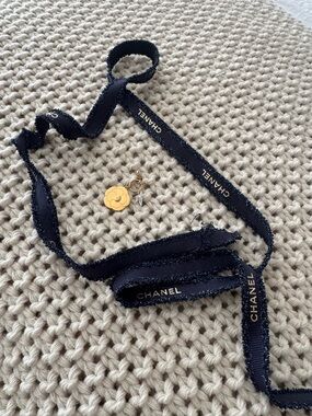 CHANEL navy grosgrain ribbon with gold camellia charm 47 inches